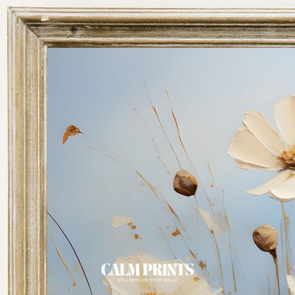 Print of delicate white flowers glowing softly in gentle autumn light
