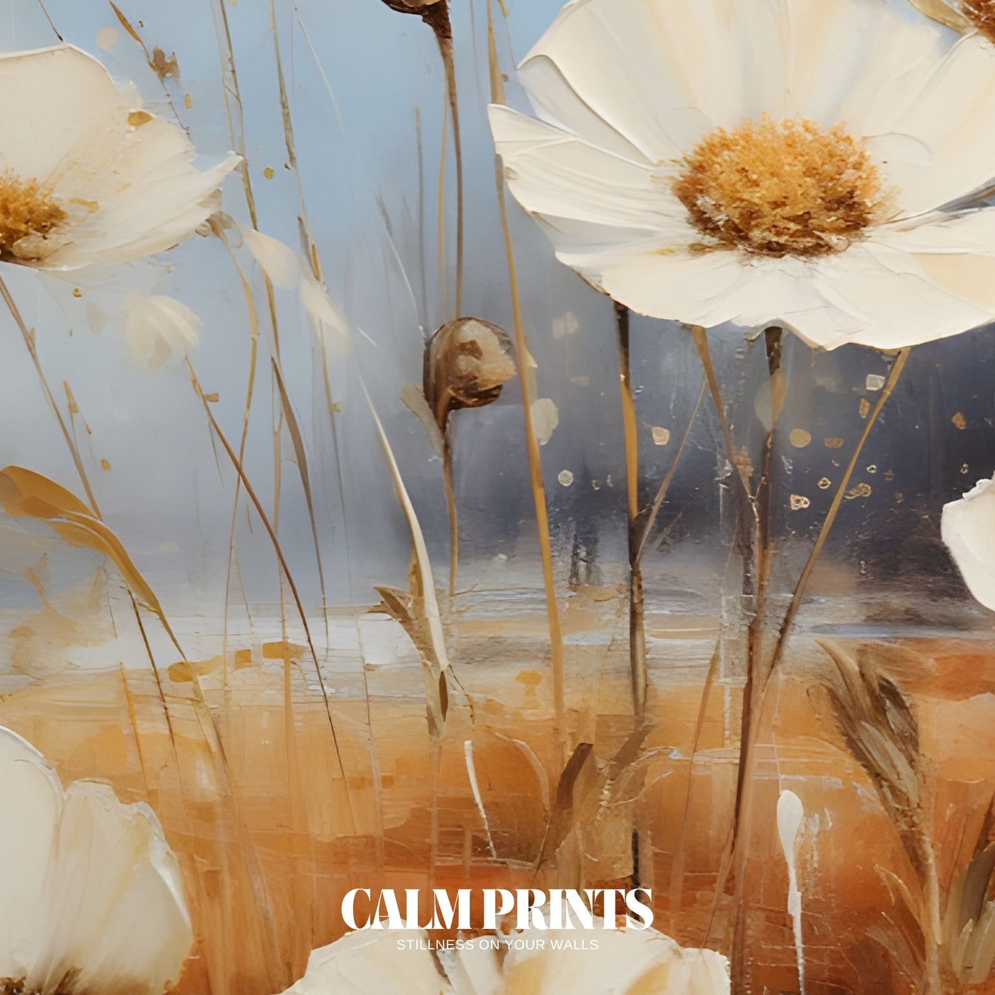 Poster of wild white blooms nestled among autumn grasses and leaves
