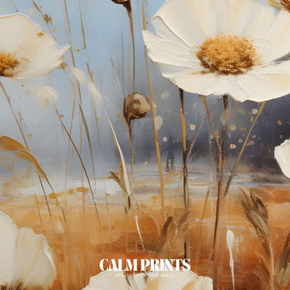 Poster of wild white blooms nestled among autumn grasses and leaves
