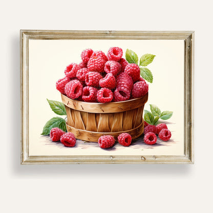 Charming poster of a basket brimming with fresh, sun-kissed raspberries