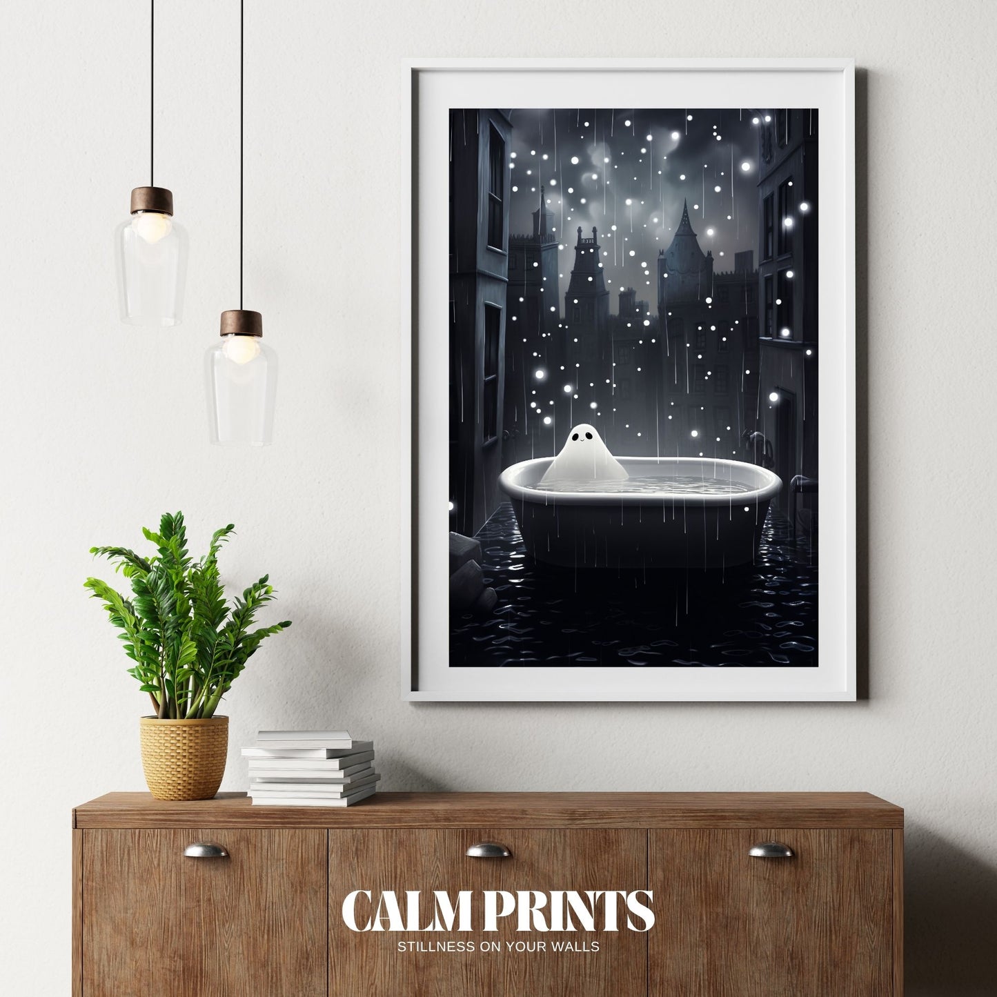 Sweet and surreal scene of a ghost in a bathtub beneath the rain
