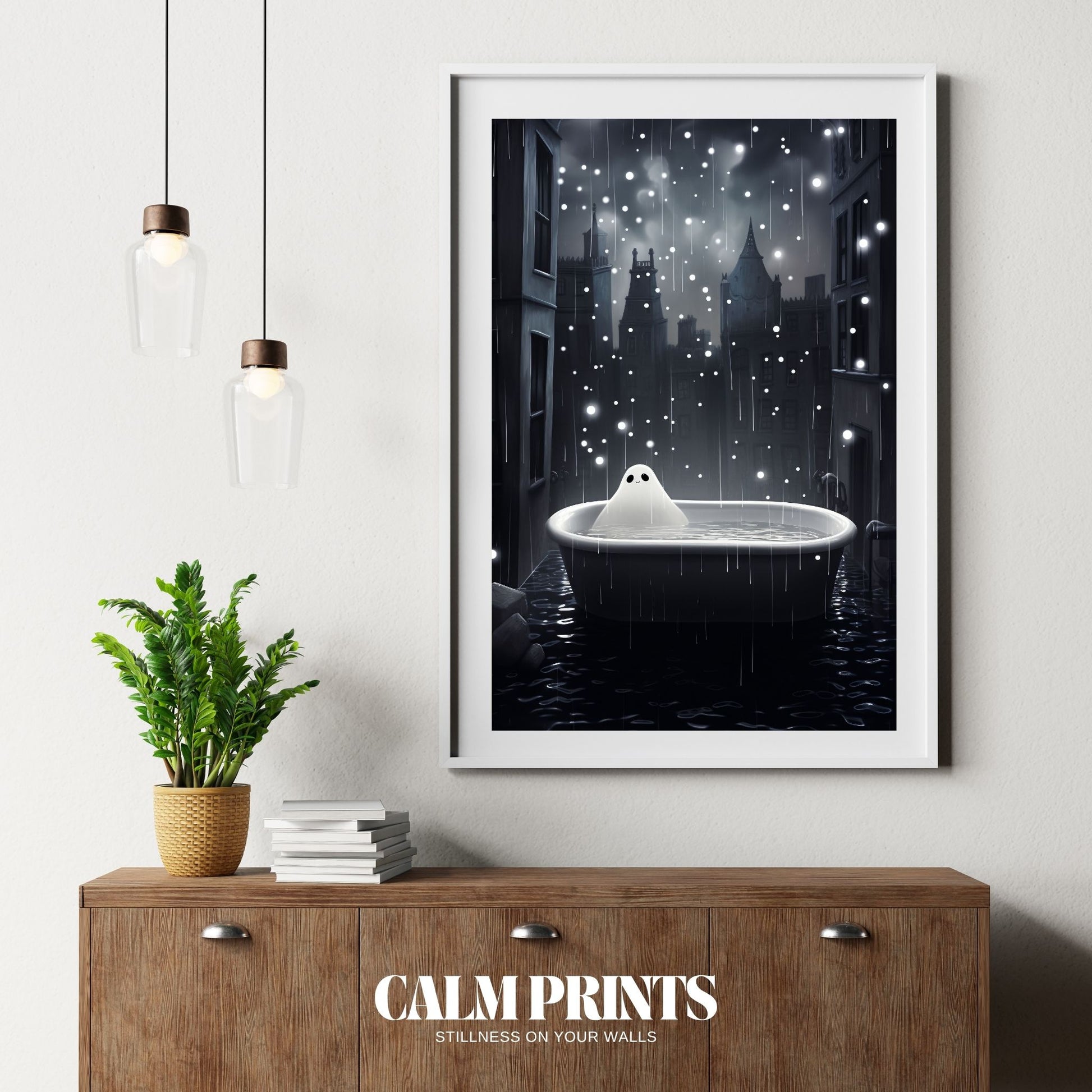 Sweet and surreal scene of a ghost in a bathtub beneath the rain
