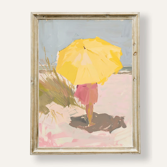Peaceful beach stroll with a bright yellow umbrella and soft coastal breeze