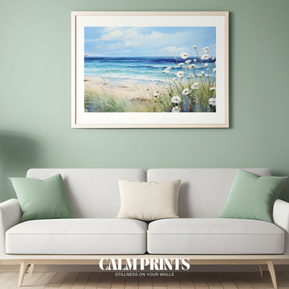 Poster of a beachside paradise where white flowers meet the gentle tide
