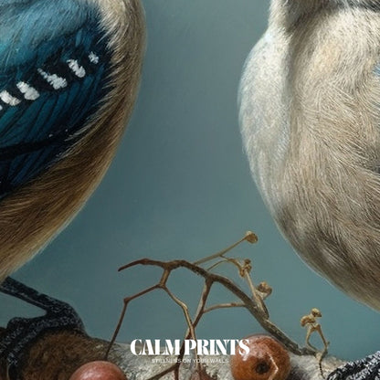 Poster of wild birds on a berry branch captured in peaceful harmony
