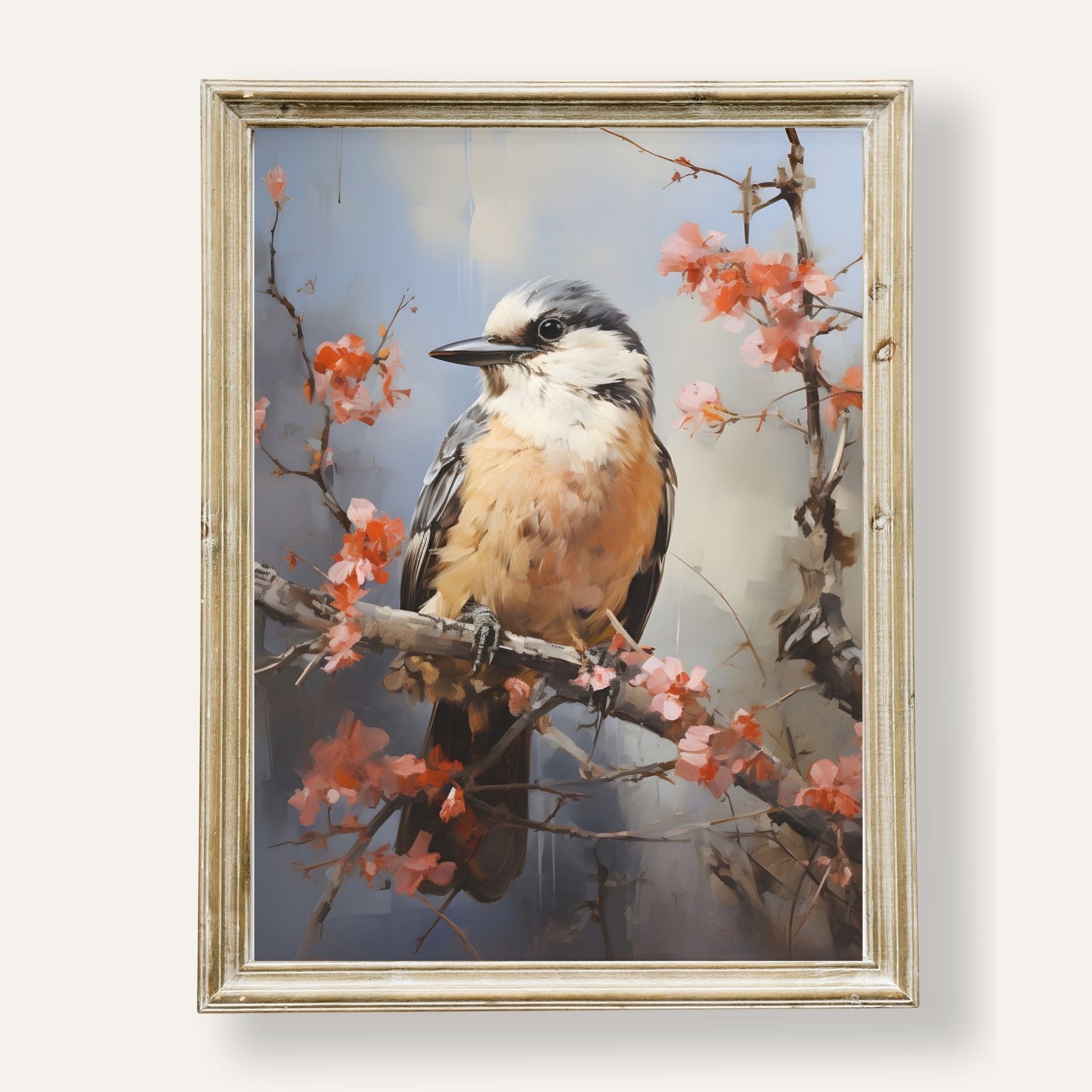 Delicate bird perched among soft spring blossoms in peaceful harmony