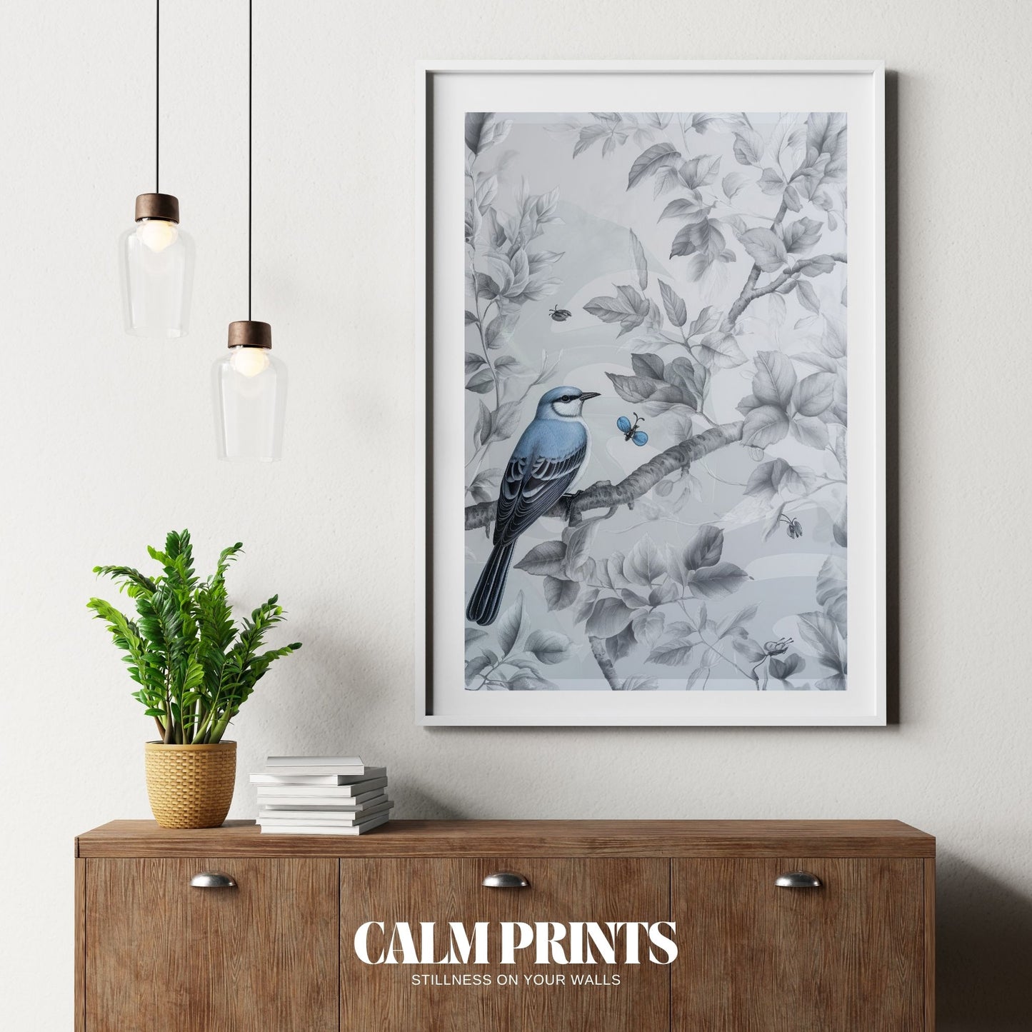 Nature-inspired poster of a bird and leaves in gentle harmony

