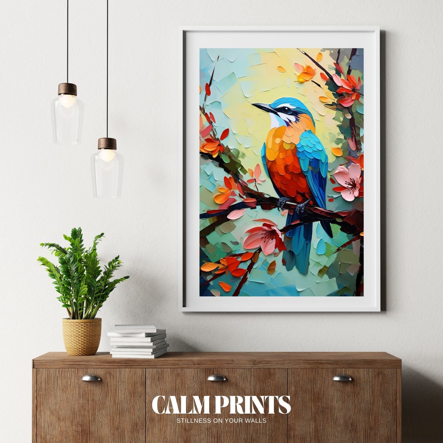 Nature scene with a small bird sitting amidst blooming spring flowers
