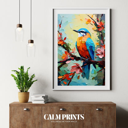 Nature scene with a small bird sitting amidst blooming spring flowers
