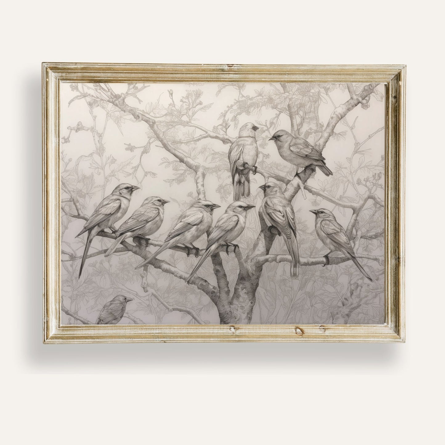 Delicate sketch of birds perched on tree branches in quiet stillness