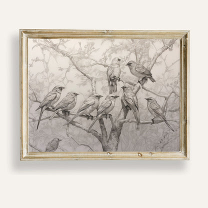 Delicate sketch of birds perched on tree branches in quiet stillness