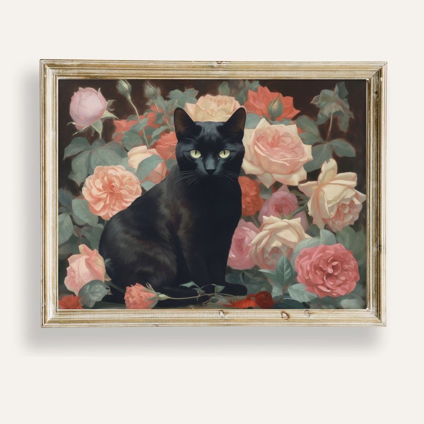 Charming black cat nestled among blooming roses in a peaceful garden