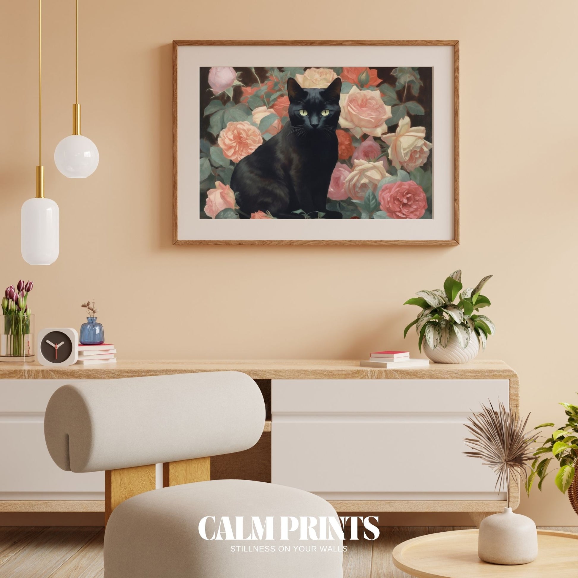 Botanical illustration featuring a black cat and richly detailed roses