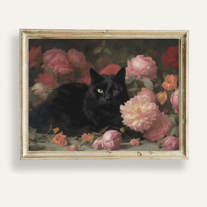 Graceful black cat resting peacefully in a lush floral oasis
