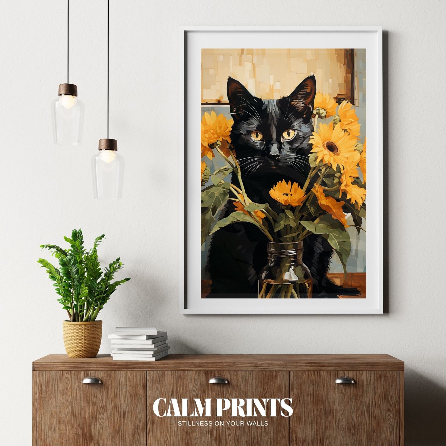 Summery garden poster featuring a black cat among vibrant sunflowers
