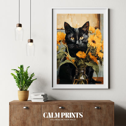 Summery garden poster featuring a black cat among vibrant sunflowers
