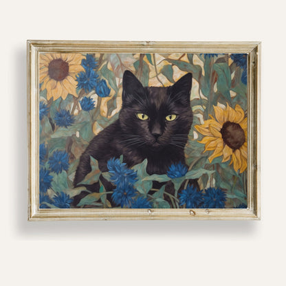 Black cat strolling through a golden sunflower field under gentle sunlight