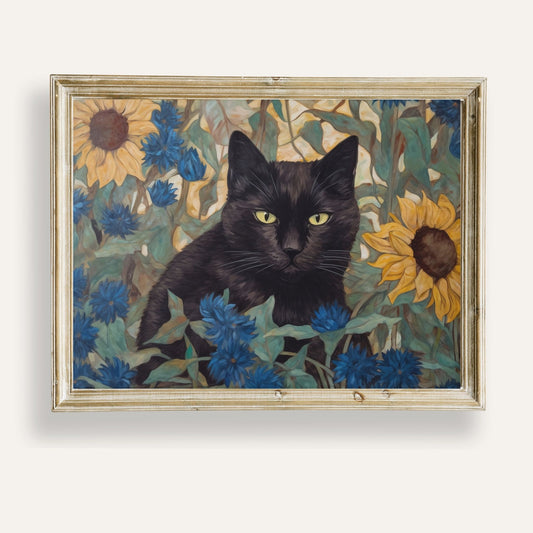 Black cat strolling through a golden sunflower field under gentle sunlight
