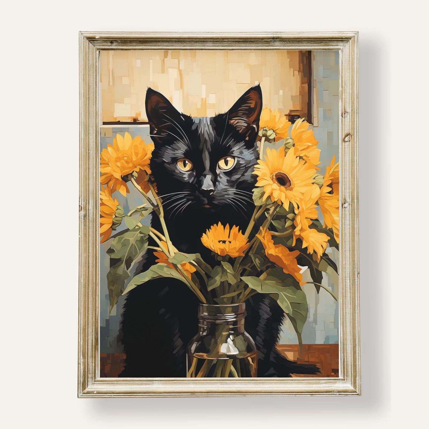 Artful pet portrait of a black cat surrounded by cheerful sunflowers
