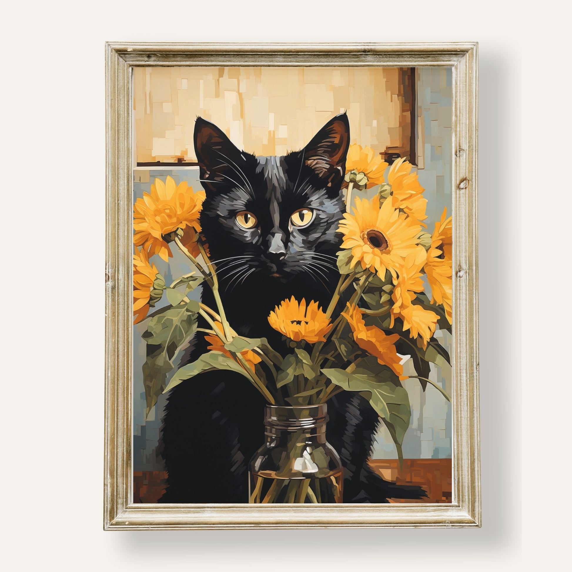 Artful pet portrait of a black cat surrounded by cheerful sunflowers
