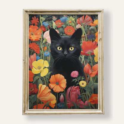 Playful black cat nestled among vibrant, blooming garden flowers