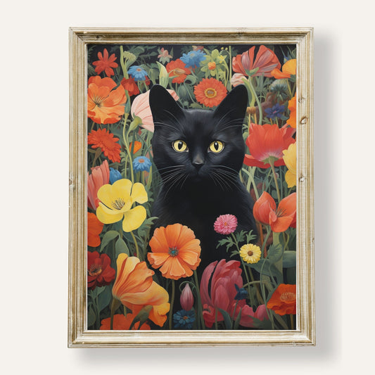 Playful black cat nestled among vibrant, blooming garden flowers