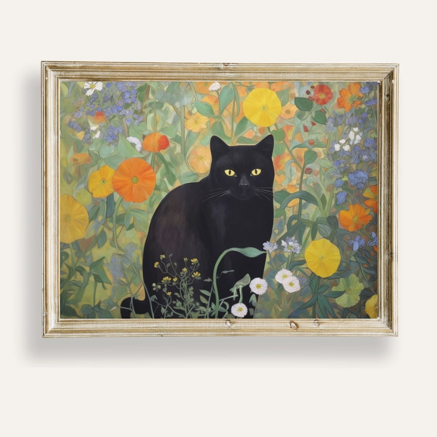 Black cat resting quietly in a lush, vibrant garden bursting with colour