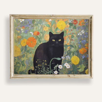 Black cat resting quietly in a lush, vibrant garden bursting with colour