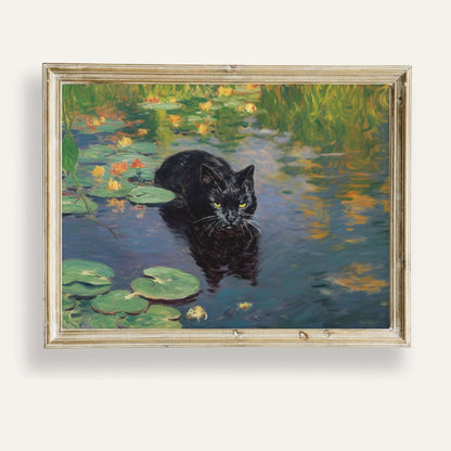 Black cat resting peacefully among floating water lilies in tranquil waters