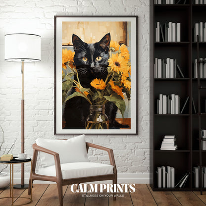 Whimsical print of a black kitty surrounded by bright yellow flowers
