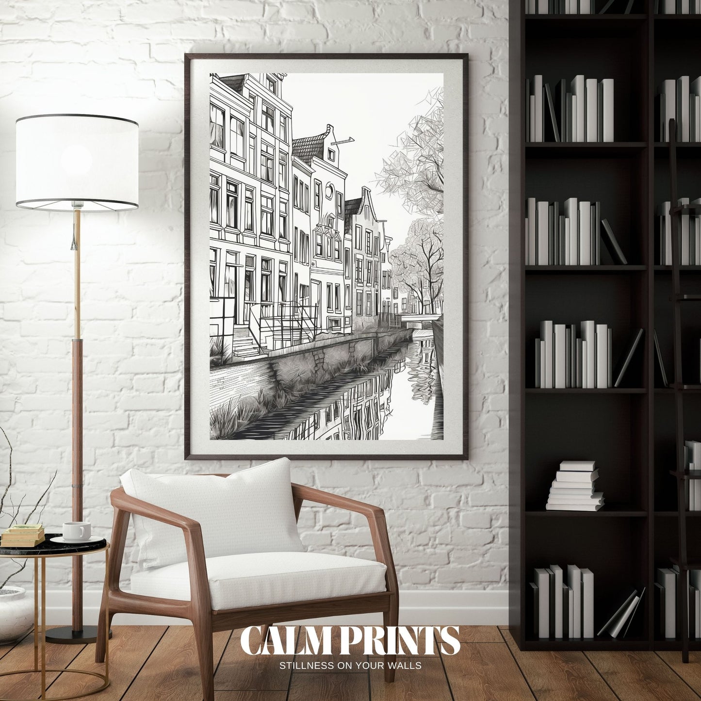 Wall art of canal homes rendered in a stylish black and white palette
