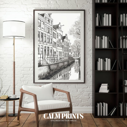 Wall art of canal homes rendered in a stylish black and white palette
