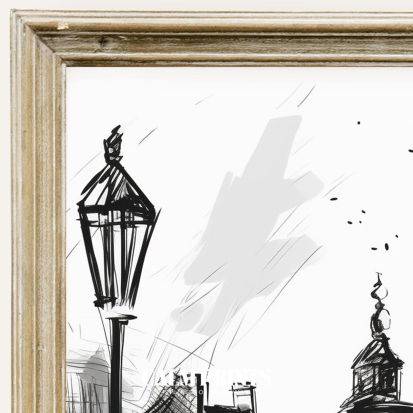 Black and white print of a peaceful city street with historic façades
