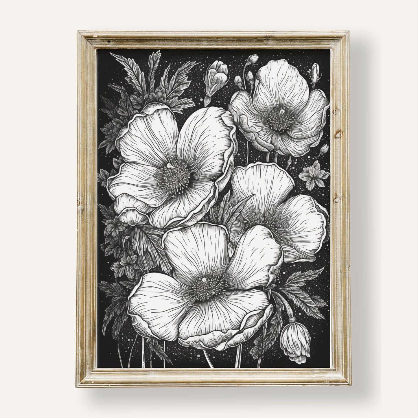 Elegant black and white floral illustration with graceful linework and charm