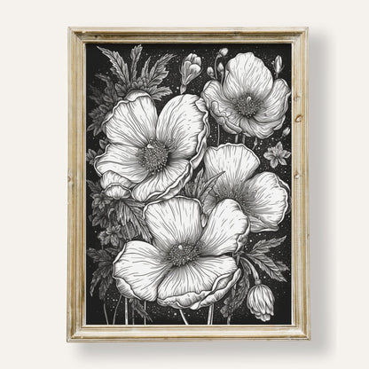 Elegant black and white floral illustration with graceful linework and charm
