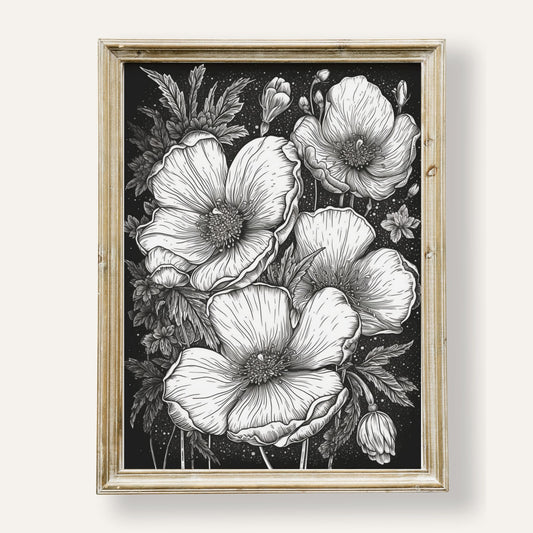 Elegant black and white floral illustration with graceful linework and charm