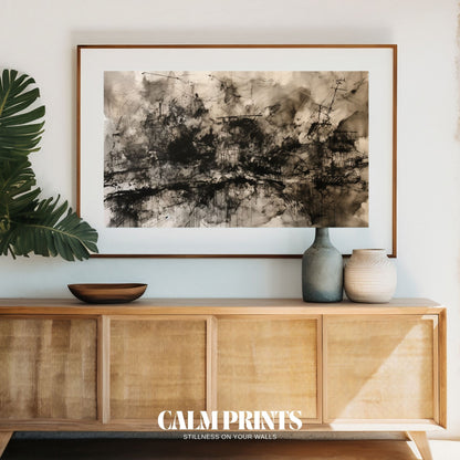 Expressive black and white paint splatter artwork