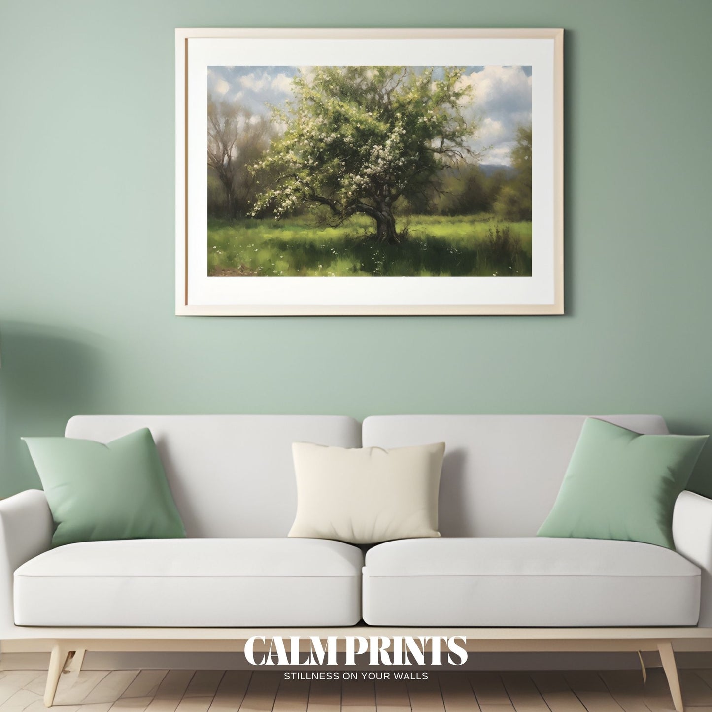 Art print of a spring landscape with a blooming tree in soft pastel hues