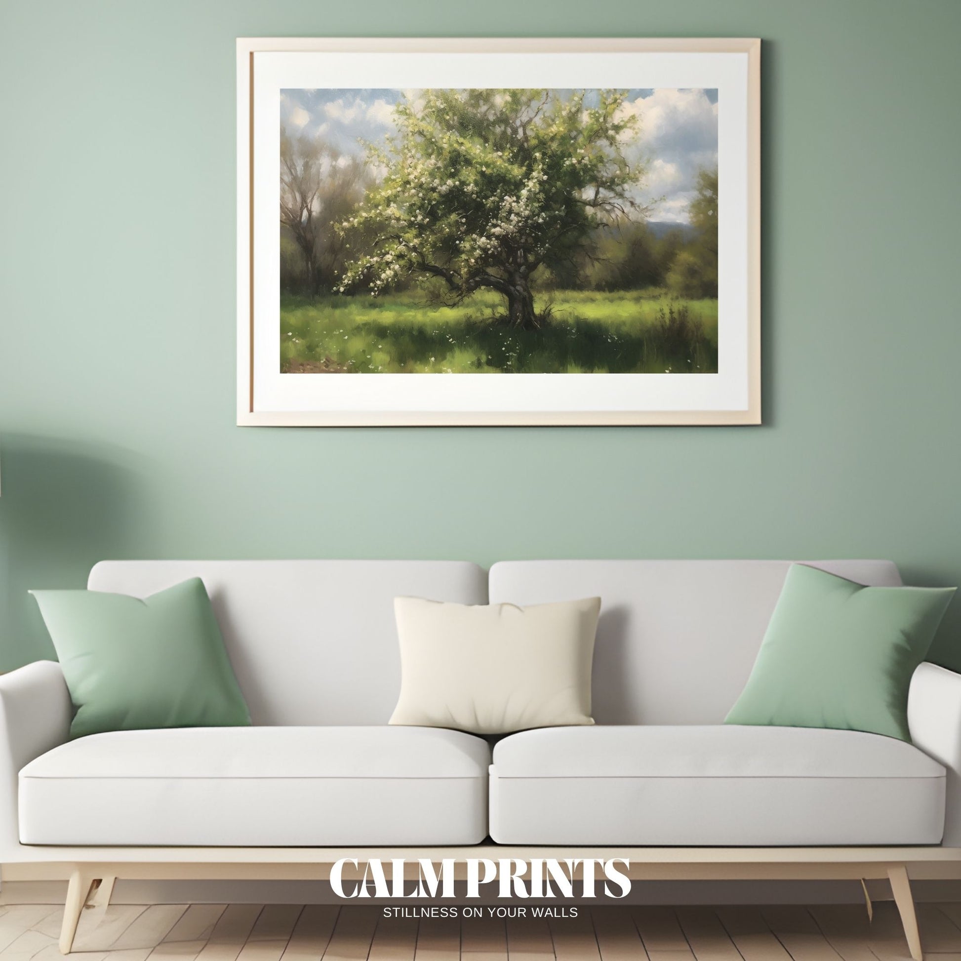 Art print of a spring landscape with a blooming tree in soft pastel hues