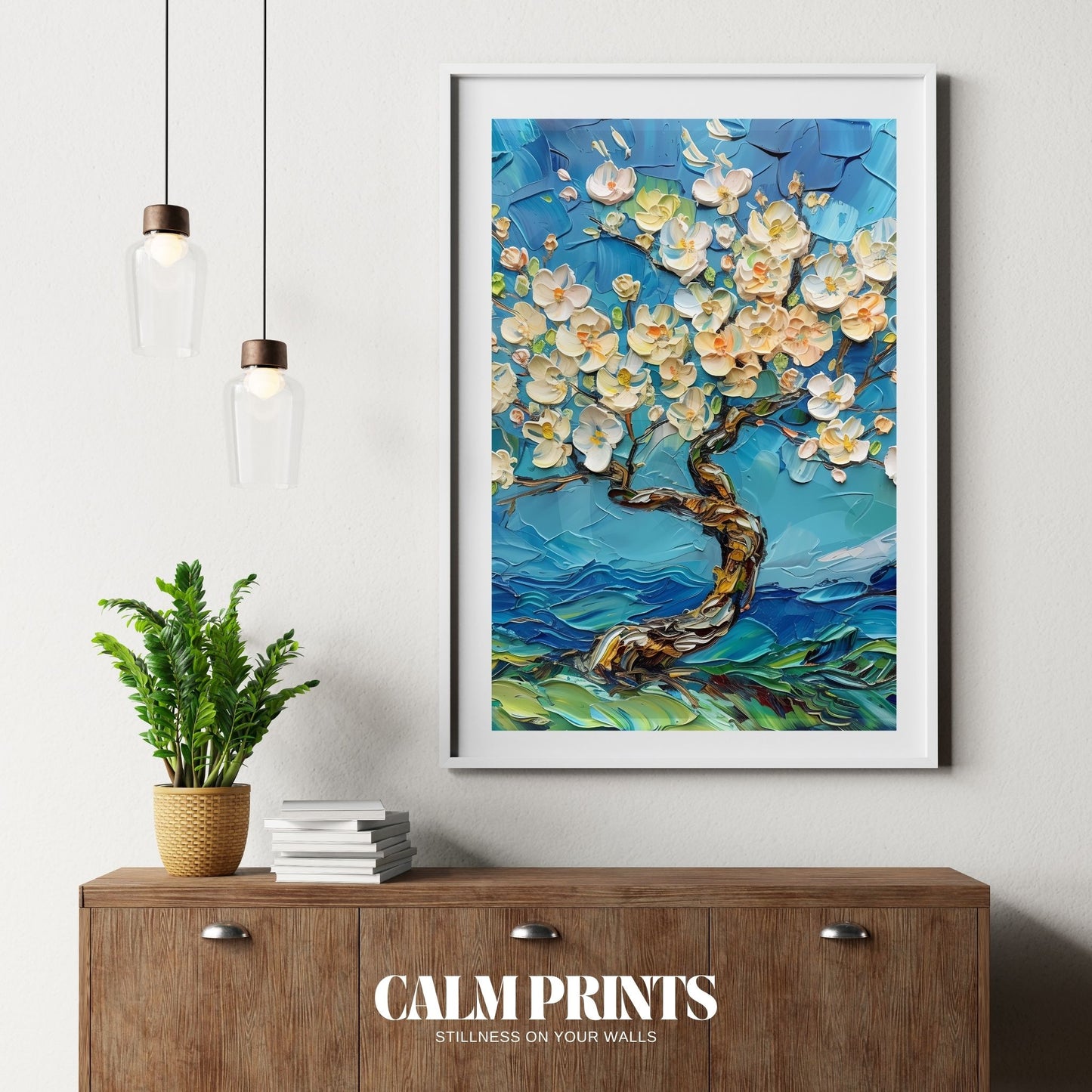 Poster of a blooming tree set against a dreamy blue backdrop
