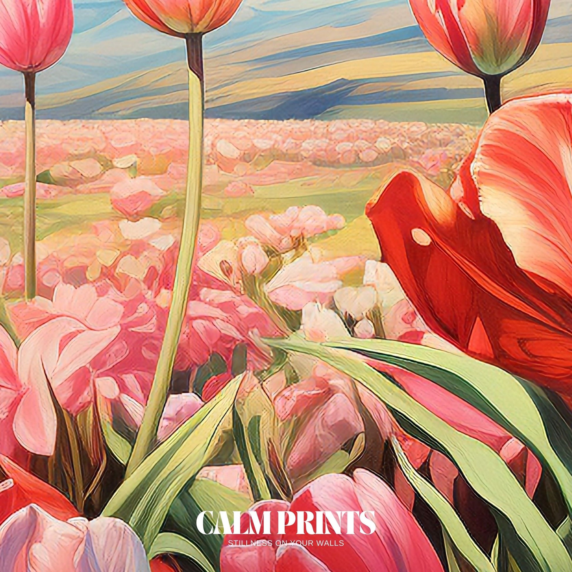 Scenic landscape of blooming tulips stretching across the countryside
