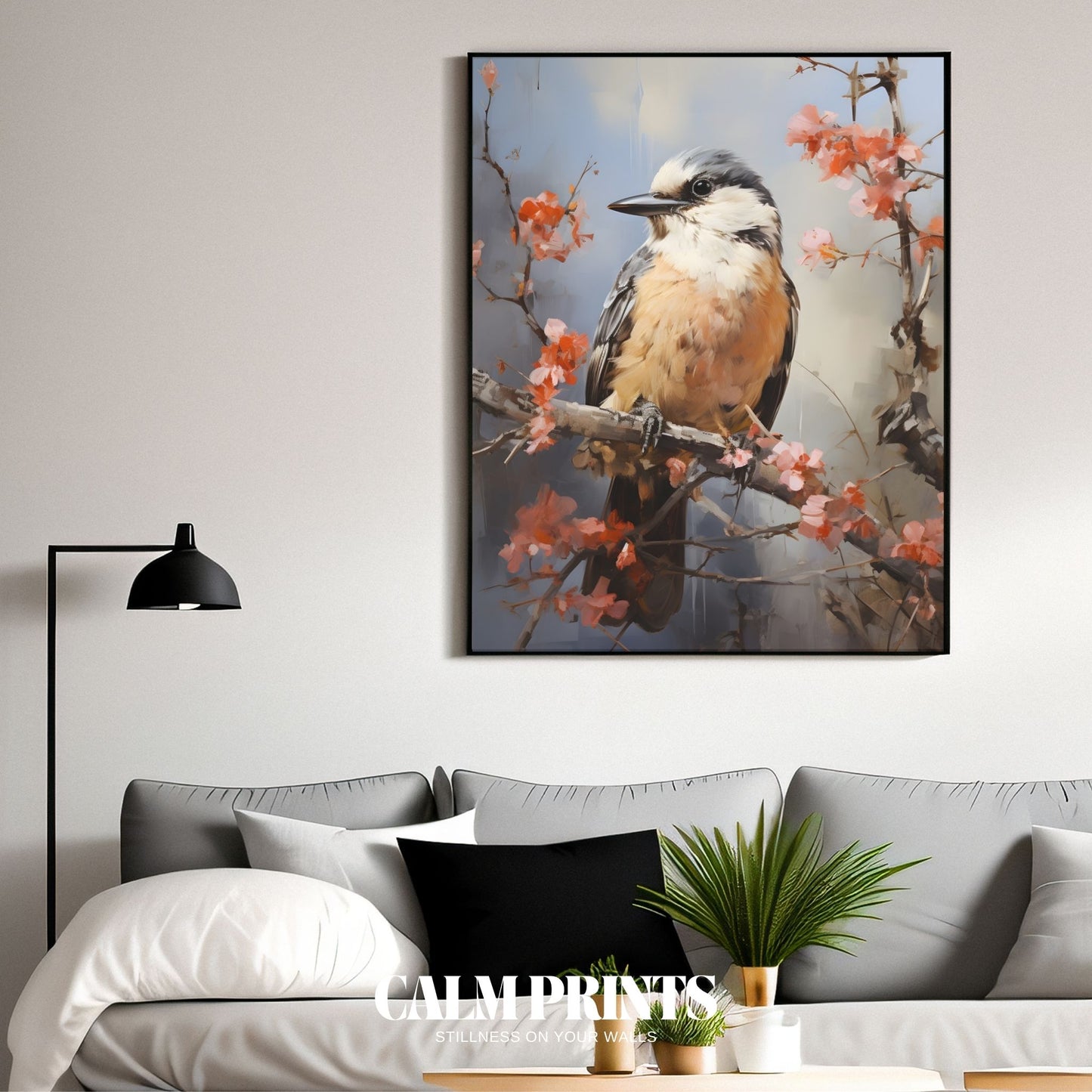 Artistic scene of a bird resting quietly on blossom-covered branches