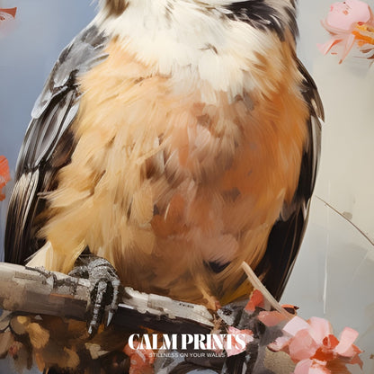 Springtime artwork of a bird perched gently among blossoming branches