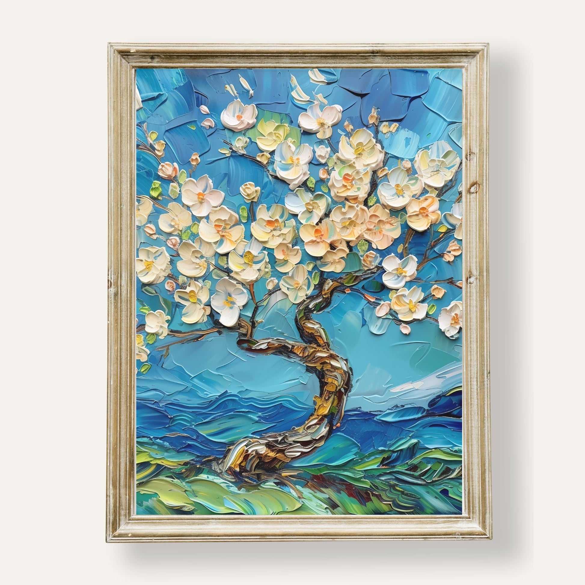 Tranquil blossoming tree surrounded by soft shades of calming blue
