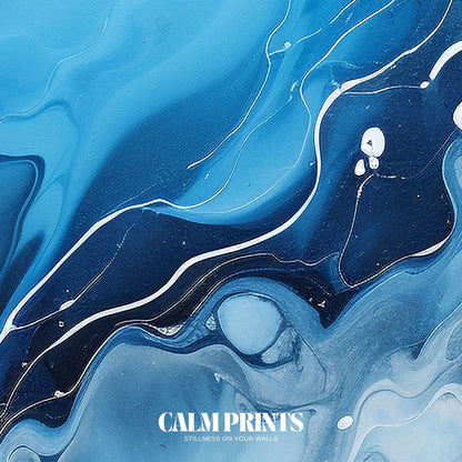 Acrylic fluid art poster of abstract blue waves in dynamic motion
