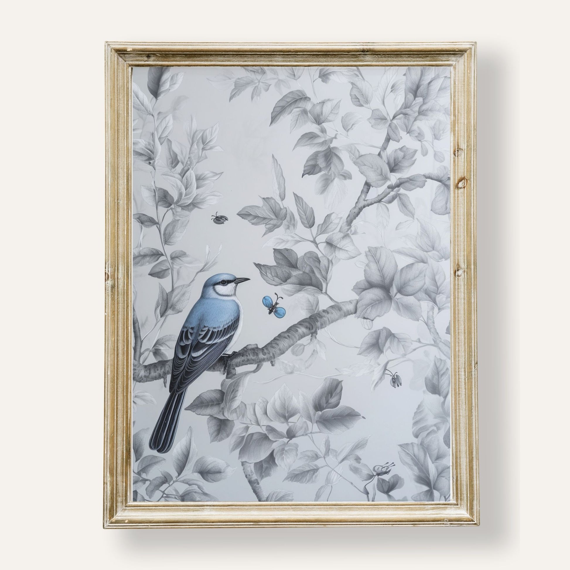 Charming blue bird perched quietly among lush green leaves
