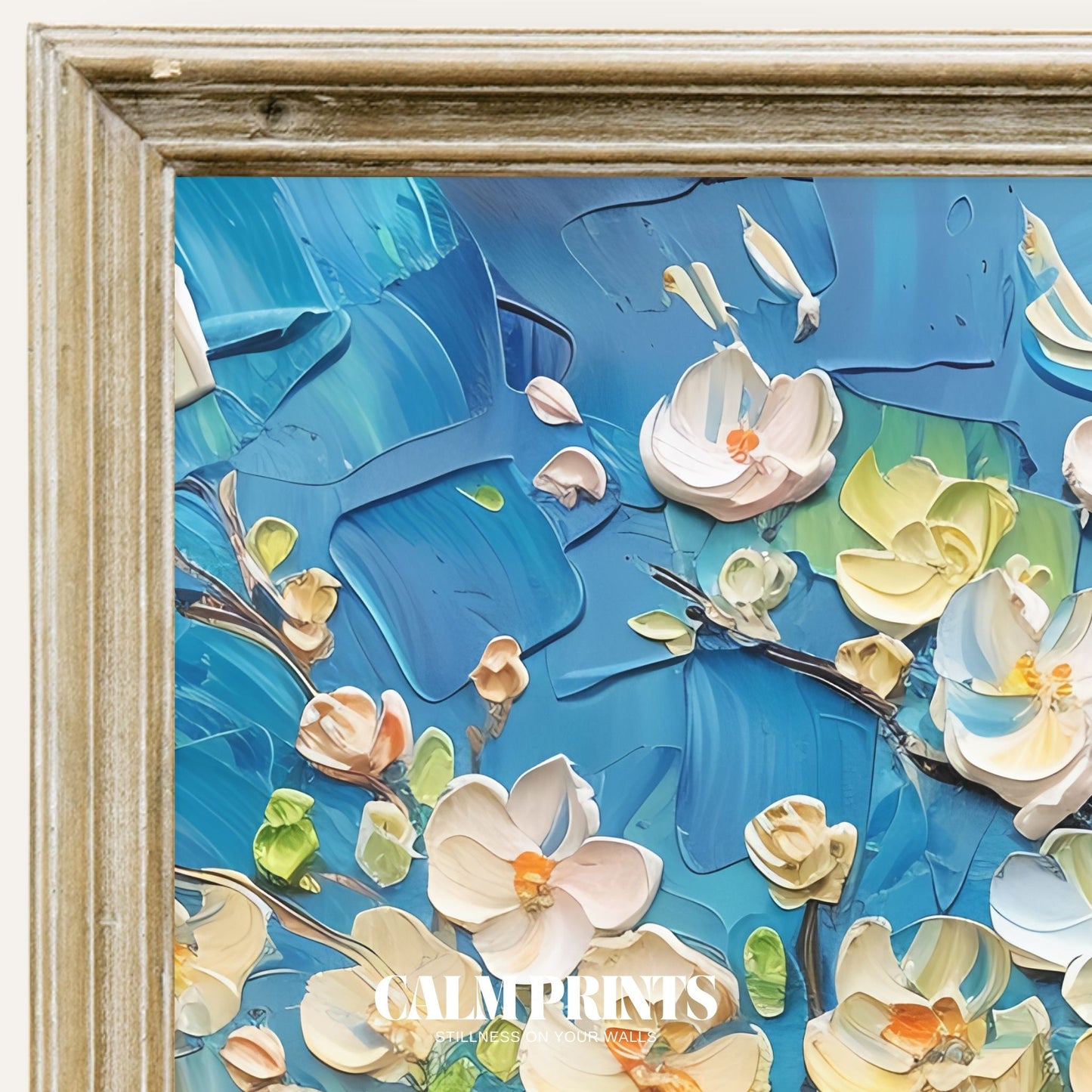 Art print of a tree in full bloom bathed in serene blue tones
