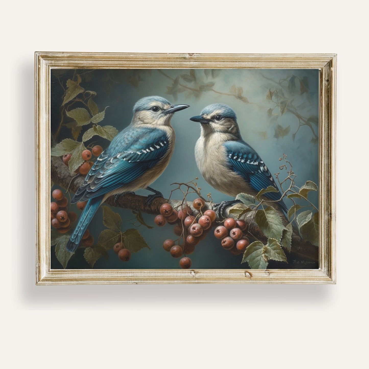Two blue jays perched gracefully on a berry-laden branch in soft light
