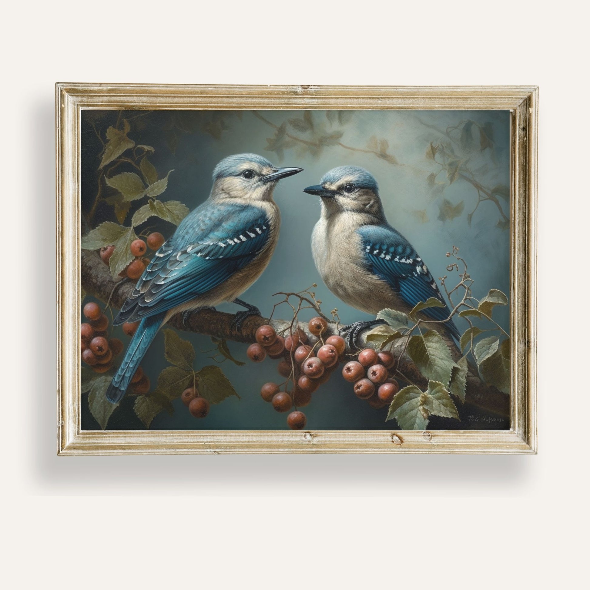 Two blue jays perched gracefully on a berry-laden branch in soft light
