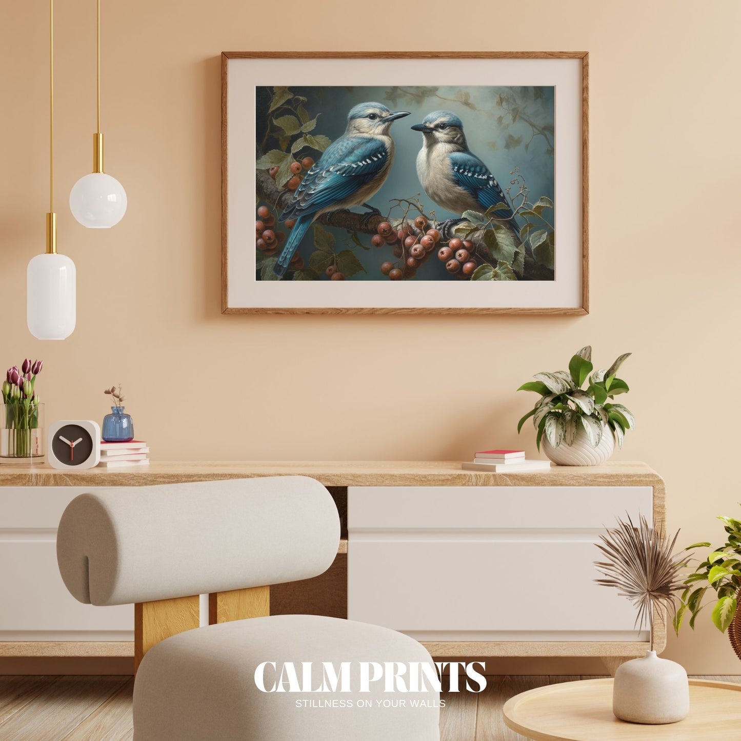 Holiday-inspired nature scene with blue jays and bright red berries
